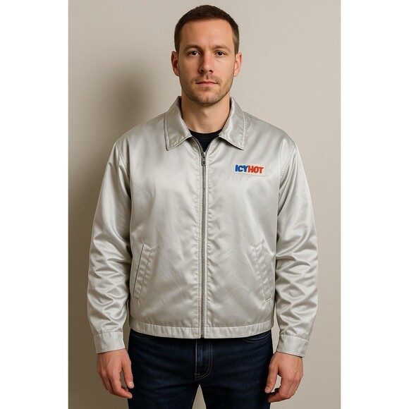 Men’s IcyHot Lightweight Satin Bomber Jacket Silver Zip Up Sz XL - Picture 1 of 14